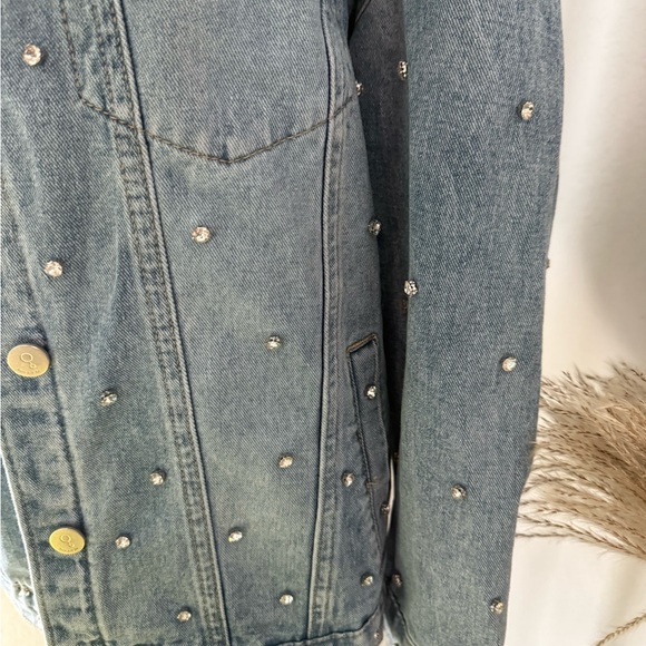 Women's Light Blue Denim Jacket with Rhinestone Stud Details - Picture 5 of 15